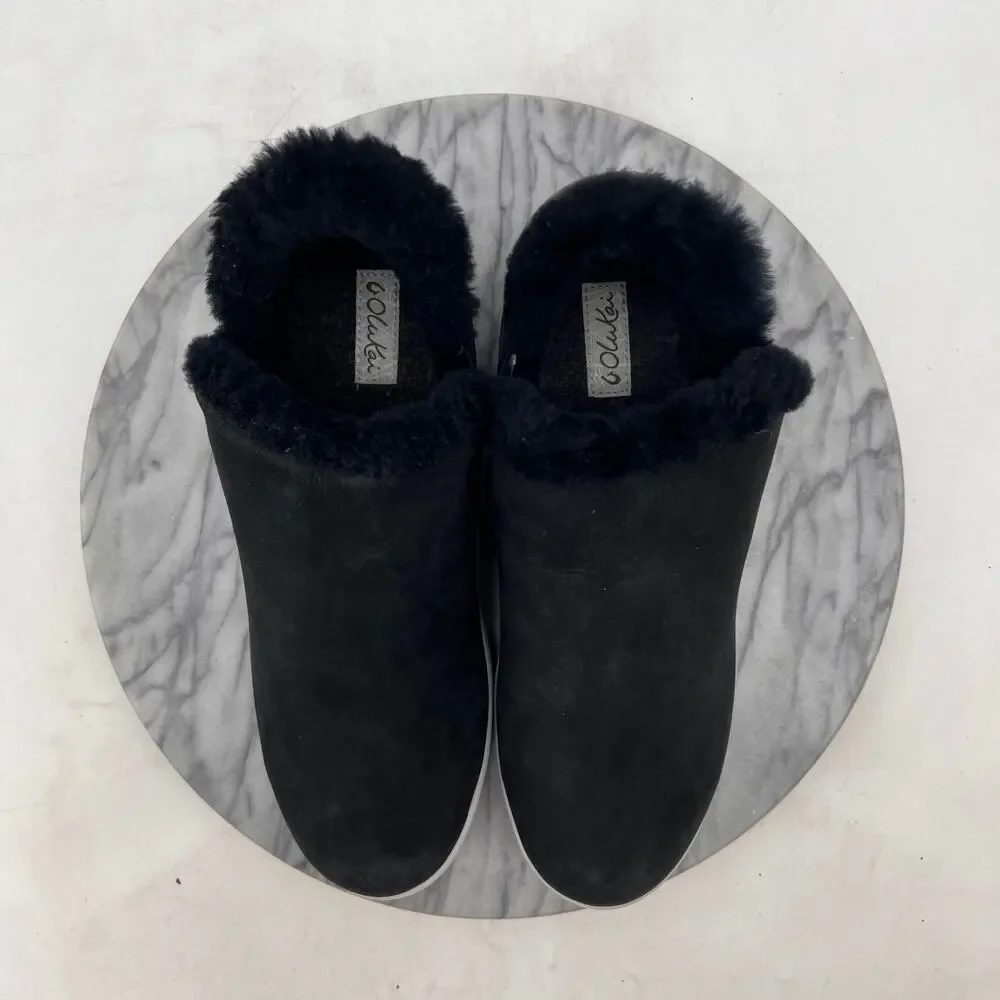 Olukai Women 9 Boots Black Nubuck Leather Malua Hulu Fur Lined Bootie 20427-OXDW